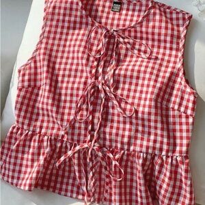 SHEIN Red Checkered Tie-Front Blouse